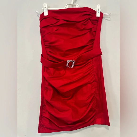 Jessica McClintock Gunne Sax Red Ruched Strapless Party Cocktail Dress Size 11 - Picture 7 of 12